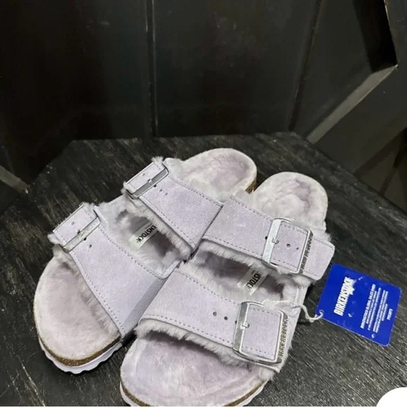 Birkenstock Purple Sandals with Adjustable Buckles and Cork Footbed fur lined - Picture 2 of 6